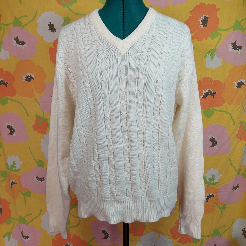 Vintage Traditionalist White Cable Knit V-Neck Sweater Acrylic Cream Medium